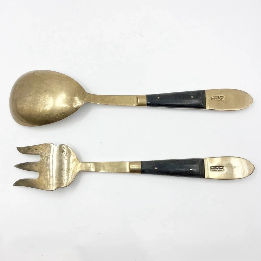 Brass Bronze Wood Handle Salad Serving Spoon & Fork Flatware Thailand Siam